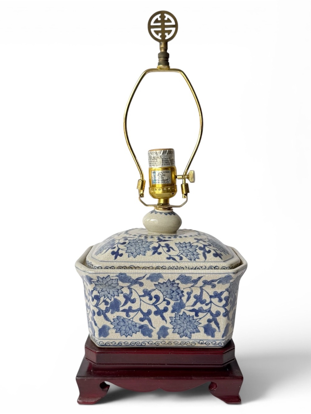Vintage Chinoiserie Blue Floral Crackle Porcelain Tea Jar Covered Box Table Lamp